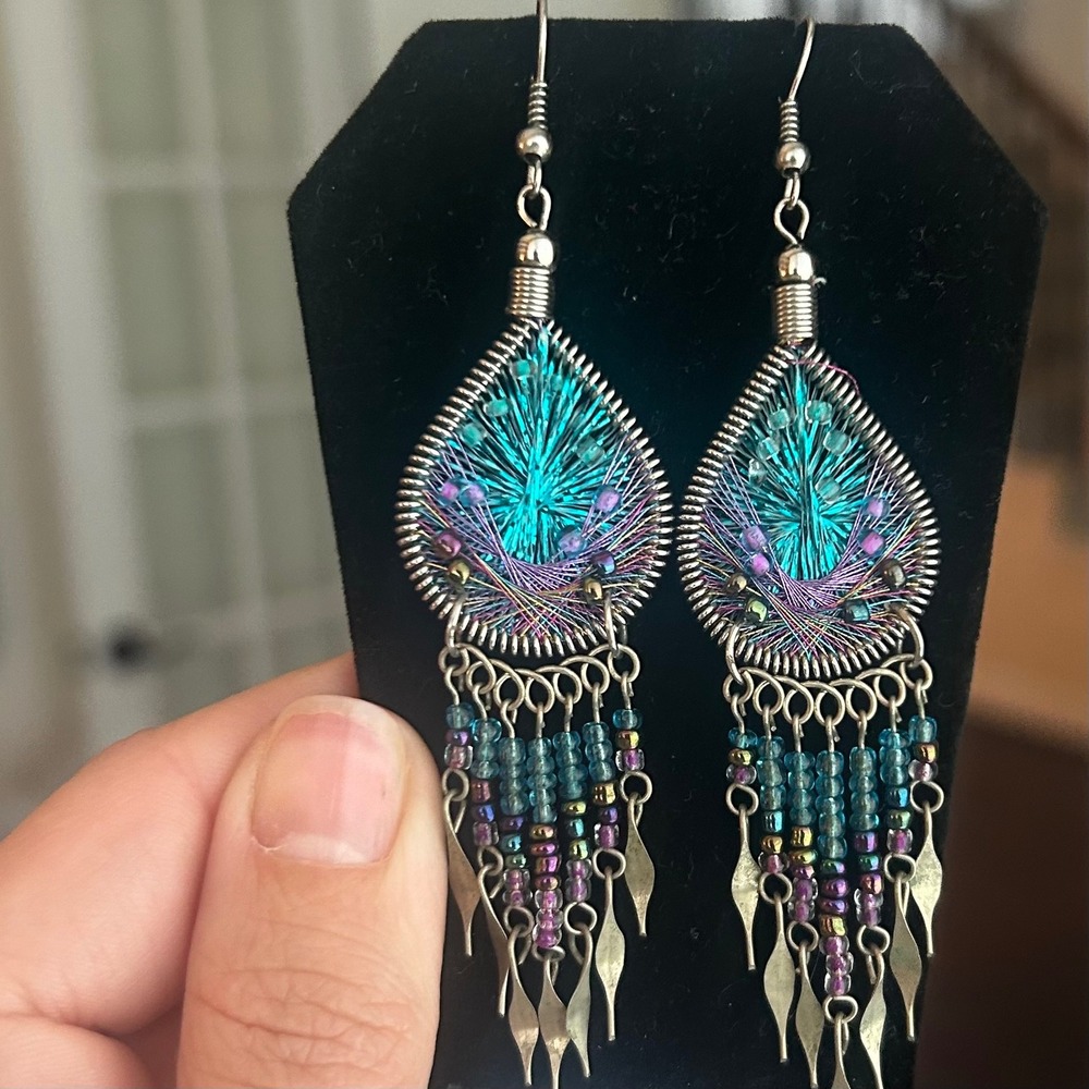 Boho Woven Thread Drop Earrings Teal Purple Beaded Silver Tone Fringe Chandalier